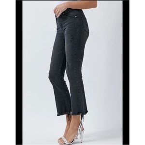 RISEN Denim Black Distressed Ankle Flare Jeans